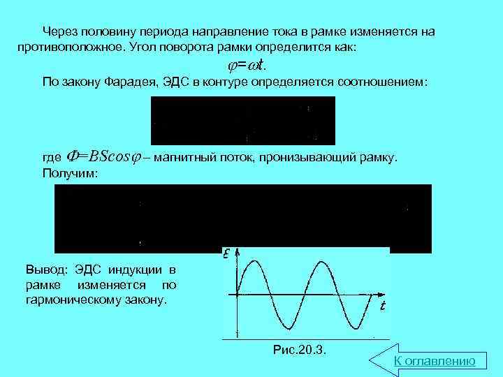 Через половину периода направление тока в рамке изменяется на противоположное. Угол поворота рамки определится
