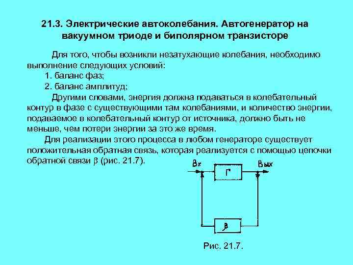 21. 3. Электрические автоколебания. Автогенератор на вакуумном триоде и биполярном транзисторе Для того, чтобы