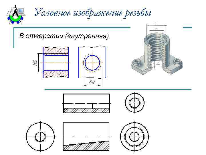 Условное изображение резьбы. Условное изображение резьбы в отверстии. Изображение резьбы в аксонометрии. Обозначение резьбы в аксонометрии.