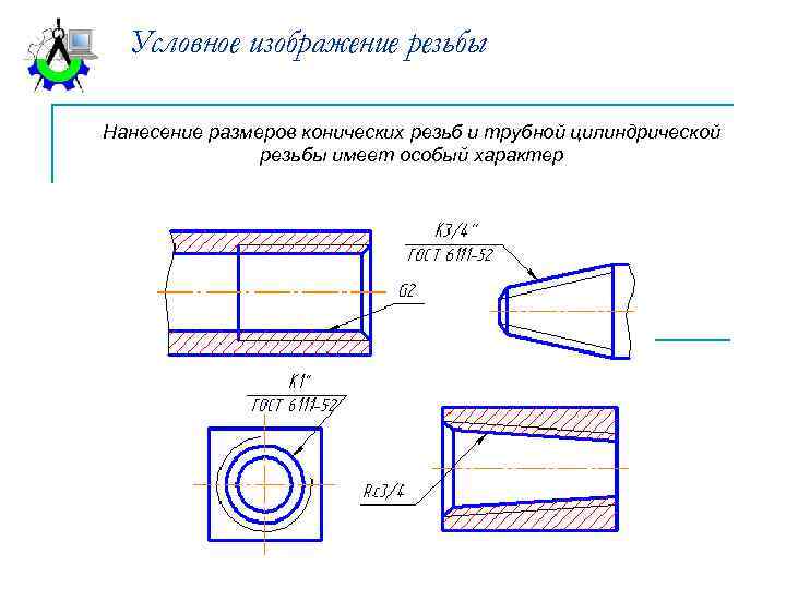 Условное изображение резьбы Нанесение размеров конических резьб и трубной цилиндрической резьбы имеет особый характер