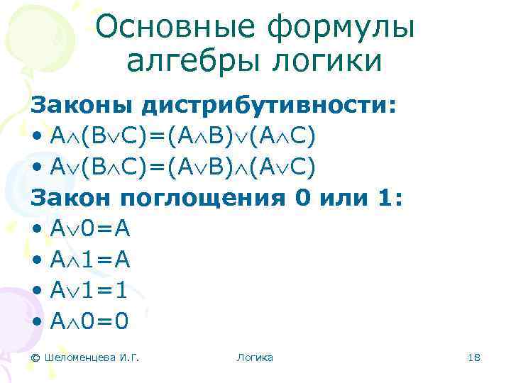 Основные формулы алгебры логики Законы дистрибутивности: • А (В С)=(А В) (А С) Закон