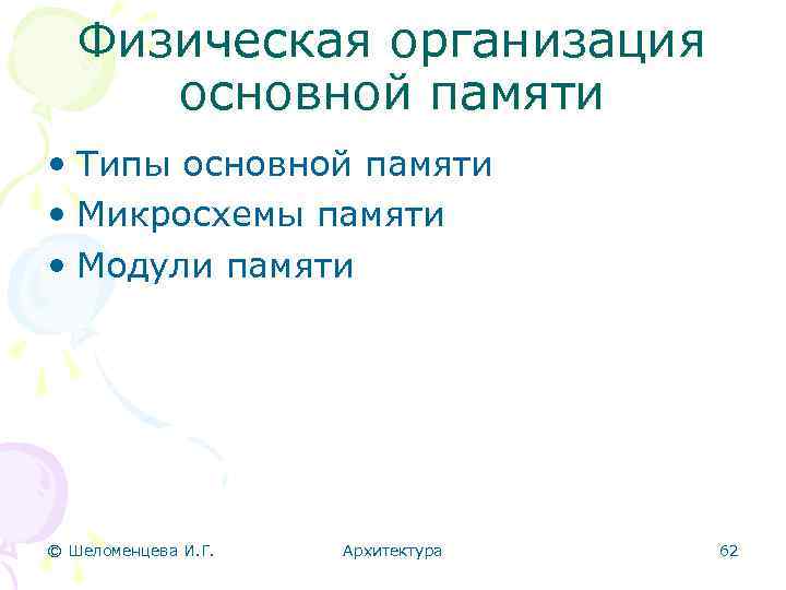 Физическая организация основной памяти • Типы основной памяти • Микросхемы памяти • Модули памяти