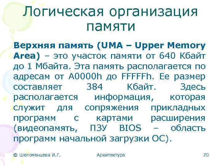 Логическая организация памяти Верхняя память (UMA – Upper Memory Area) – это участок памяти