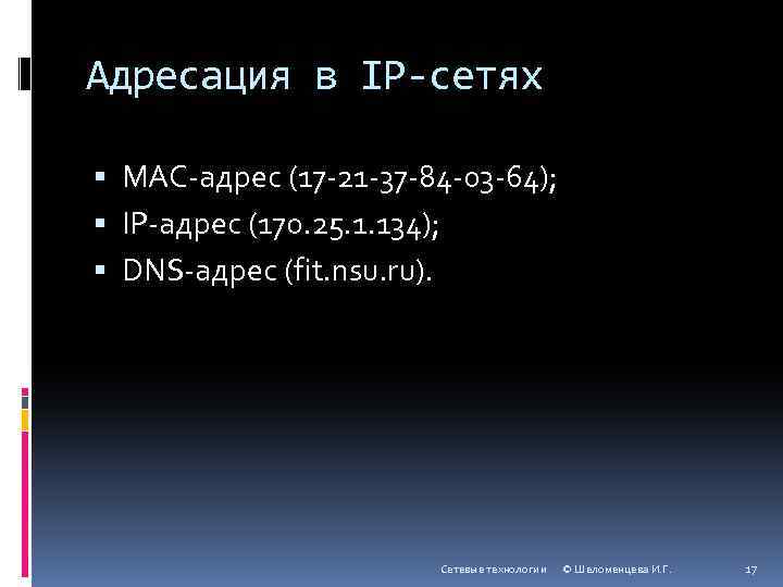 Адресация в IP-сетях MAC-адрес (17 -21 -37 -84 -03 -64); IP-адрес (170. 25. 1.