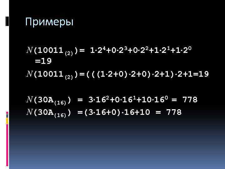 Примеры N(10011(2))= 1 24+0 23+0 22+1 21+1 20 =19 N(10011(2))=(((1 2+0) 2+1) 2+1=19 N(30