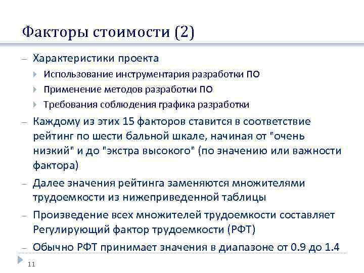 Факторы стоимости (2) Характеристики проекта Использование инструментария разработки ПО Применение методов разработки ПО Требования