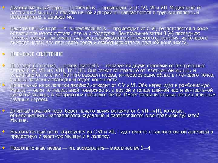  • Диафрагмальный нерв — п. phrenicus — происходит из С (V), VI и