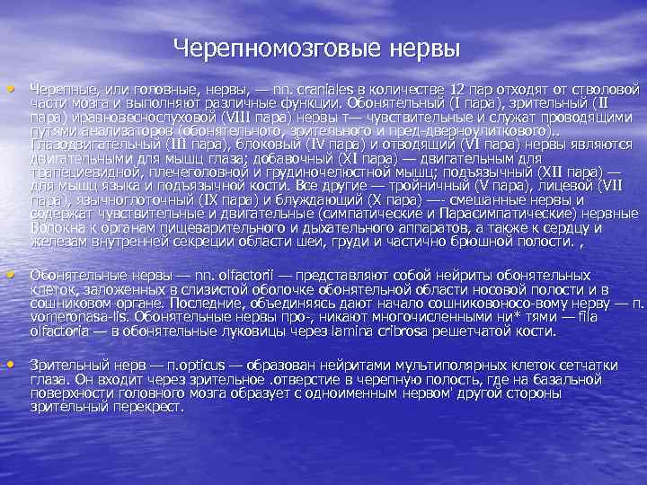 Черепномозговые нервы • Черепные, или головные, нервы, — nn. craniales в количестве 12 пар