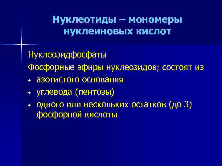 Нуклеотиды – мономеры нуклеиновых кислот Нуклеозидфосфаты Фосфорные эфиры нуклеозидов; состоят из • азотистого основания