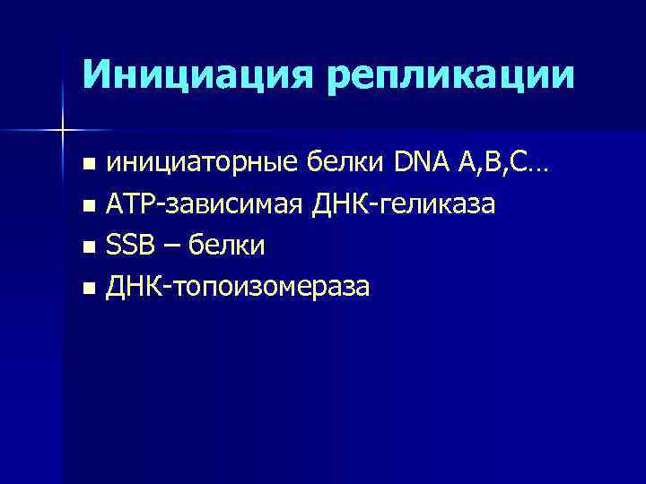 Инициация репликации инициаторные белки DNA A, В, С… n АТР-зависимая ДНК-геликаза n SSB –
