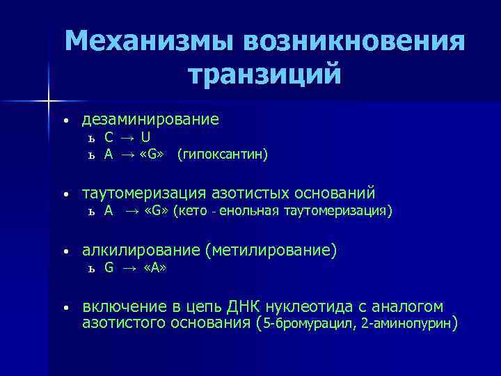 Механизмы возникновения транзиций • дезаминирование ь ь С A → U → «G» (гипоксантин)