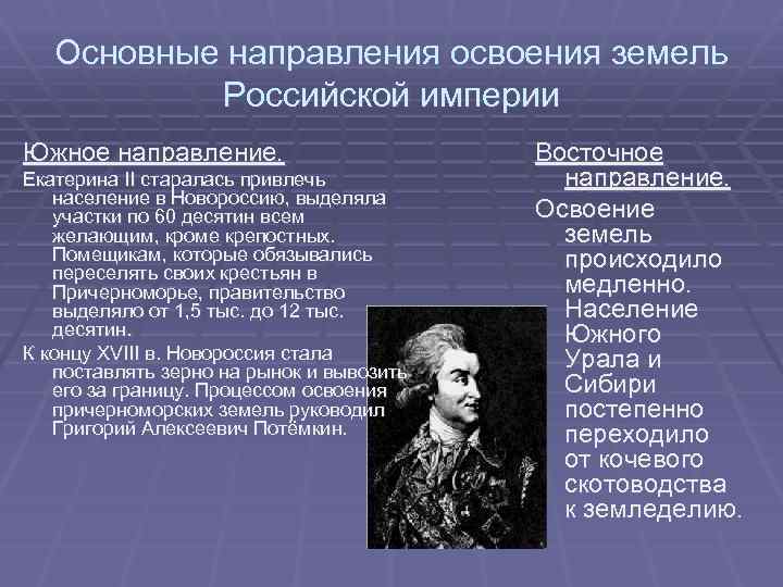 Основные направления освоения земель Российской империи Южное направление. Екатерина II старалась привлечь население в