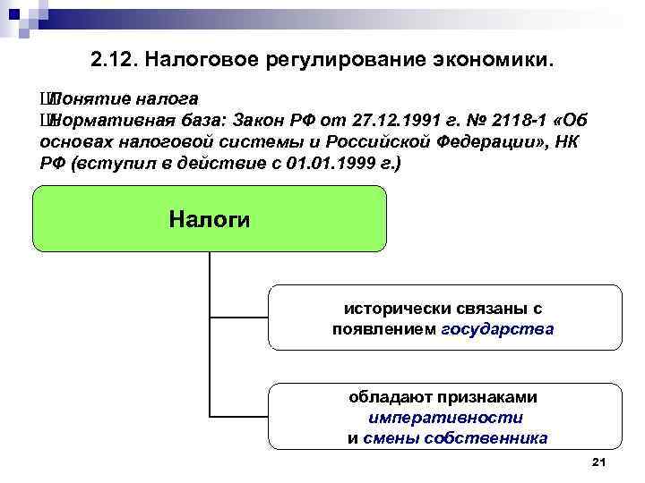 2. 12. Налоговое регулирование экономики. Ш Понятие налога Ш Нормативная база: Закон РФ от