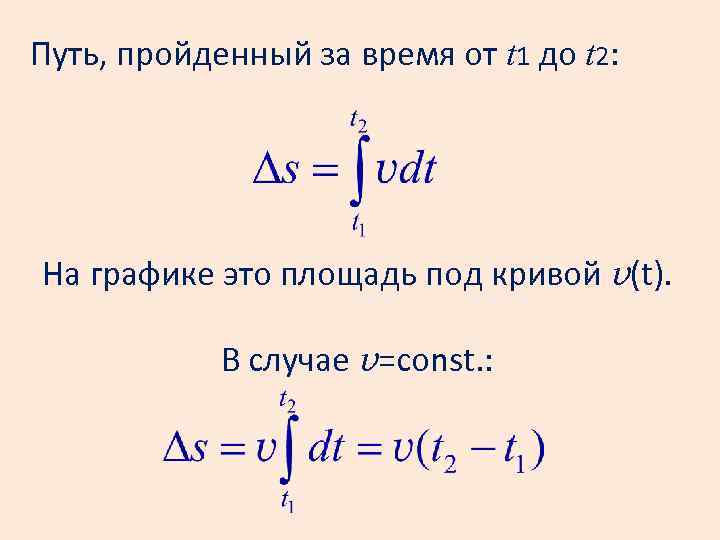 Путь, пройденный за время от t 1 до t 2: На графике это площадь