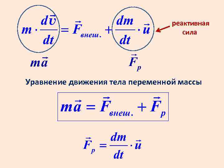 Реактивная сила движения. Уравнение движения тела переменной массы формула. Движение тела переменной массы. Уравнение движения тела переменной массы реактивное движение. Формула уравнения динамики тела переменной массы.