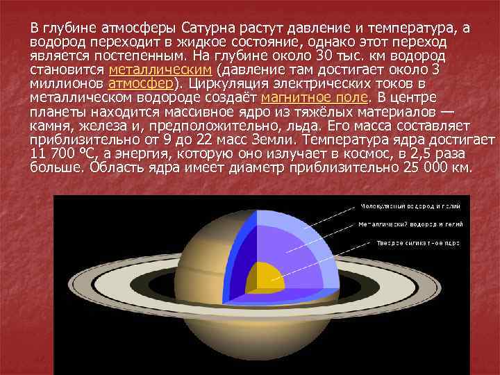 В глубине атмосферы Сатурна растут давление и температура, а водород переходит в жидкое состояние,