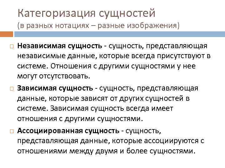 Категоризация сущностей (в разных нотациях – разные изображения) Независимая сущность - сущность, представляющая независимые