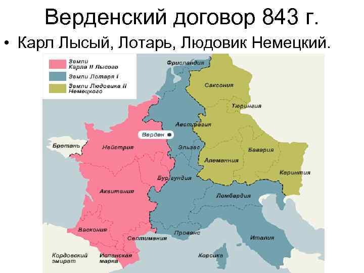 Верденский договор 843 г. • Карл Лысый, Лотарь, Людовик Немецкий. 