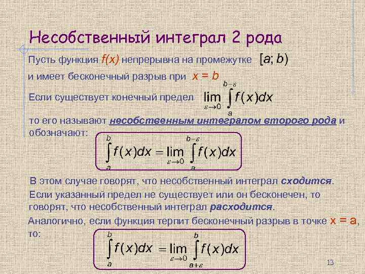 Несобственный интеграл 2 рода Пусть функция f(x) непрерывна на промежутке и имеет бесконечный разрыв