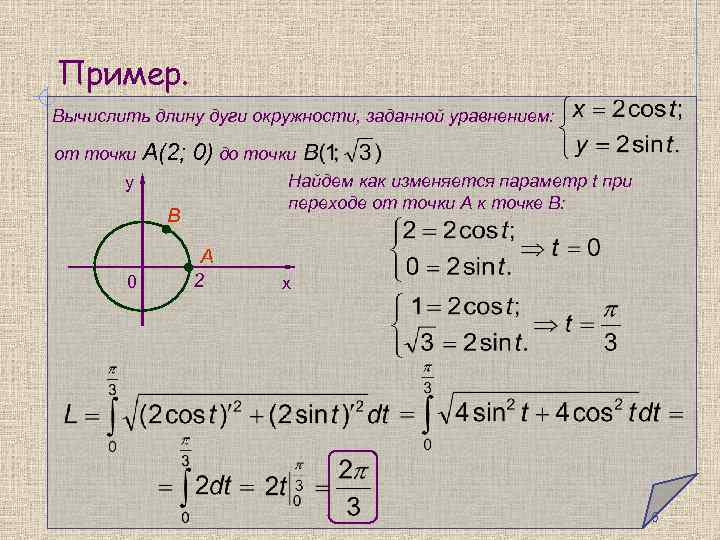 Пример. Вычислить длину дуги окружности, заданной уравнением: от точки А(2; 0) до точки Найдем