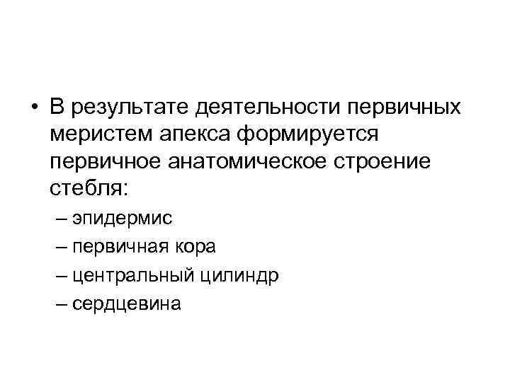  • В результате деятельности первичных меристем апекса формируется первичное анатомическое строение стебля: –