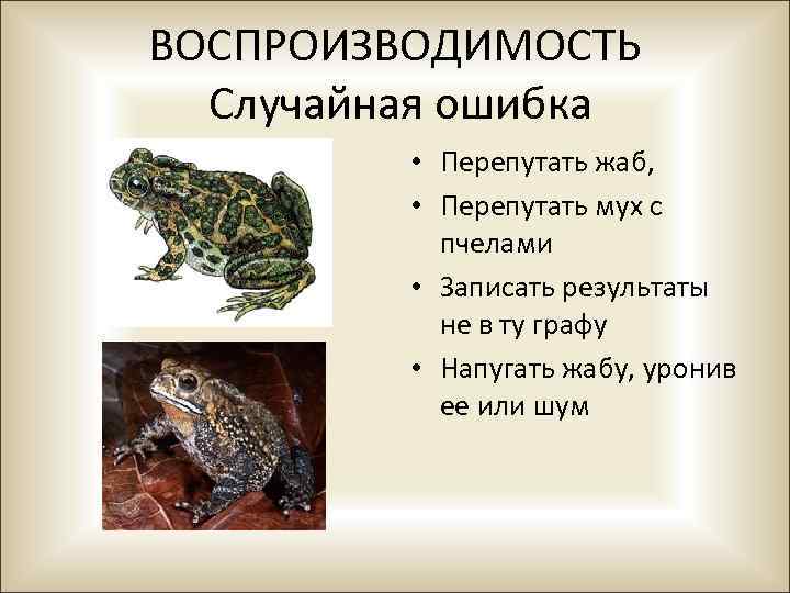 ВОСПРОИЗВОДИМОСТЬ Случайная ошибка • Перепутать жаб, • Перепутать мух с пчелами • Записать результаты