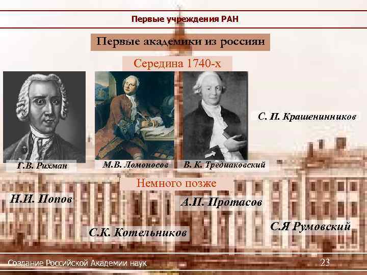 Первые учреждения РАН Первые академики из россиян Середина 1740 -х С. П. Крашенинников Г.