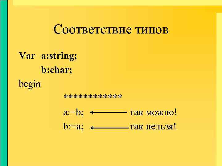 Соответствие типов Var a: string; b: char; begin ****** a: =b; так можно! b: