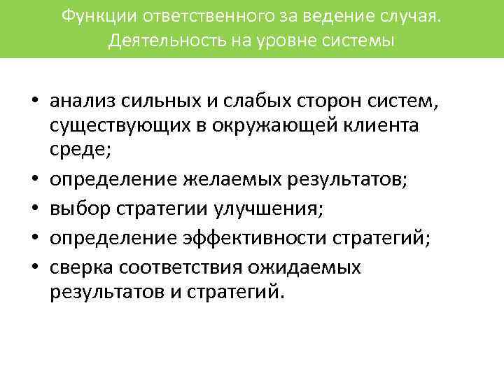 Функции ответственного за ведение случая. Деятельность на уровне системы • анализ сильных и слабых