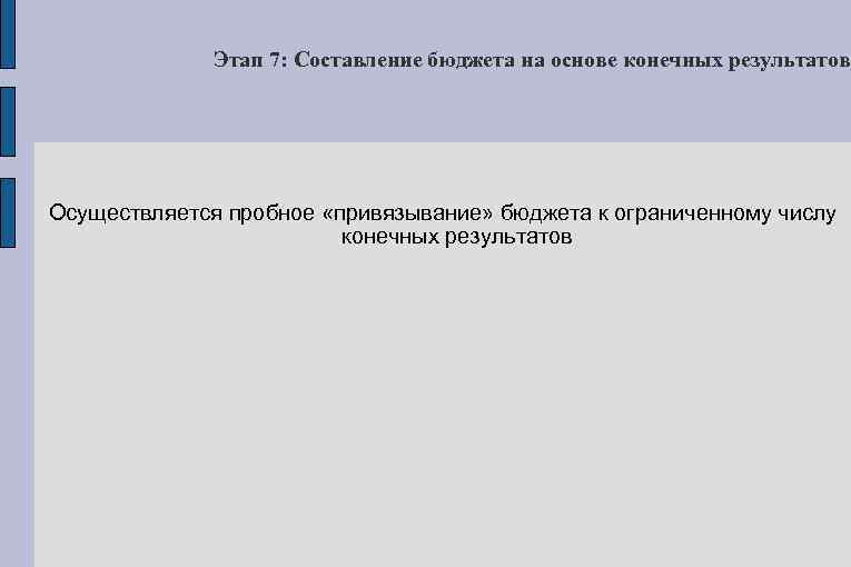 Этап 7: Составление бюджета на основе конечных результатов Осуществляется пробное «привязывание» бюджета к ограниченному