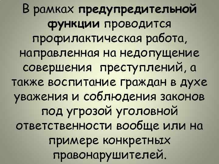 В рамках предупредительной функции проводится профилактическая работа, направленная на недопущение совершения преступлений, а также