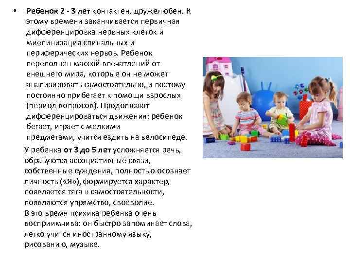  • Ребенок 2 - 3 лет контактен, дружелюбен. К этому времени заканчивается первичная