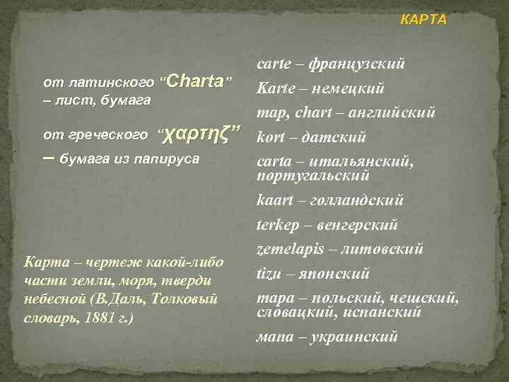 КАРТА carte – французский от латинского “Charta” Karte – немецкий – лист, бумага map,
