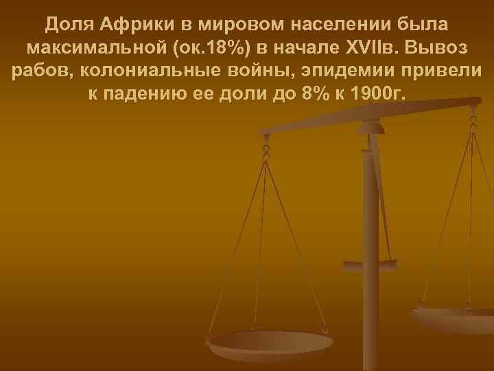 Доля Африки в мировом населении была максимальной (ок. 18%) в начале XVIIв. Вывоз рабов,