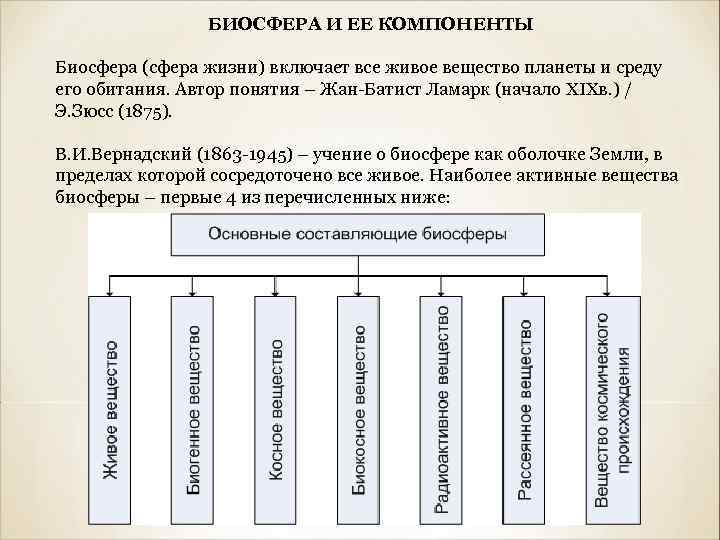 БИОСФЕРА И ЕЕ КОМПОНЕНТЫ Биосфера (сфера жизни) включает все живое вещество планеты и среду