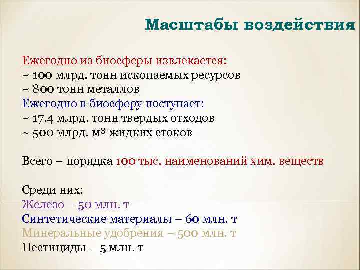 Масштабы воздействия Ежегодно из биосферы извлекается: ~ 100 млрд. тонн ископаемых ресурсов ~ 800
