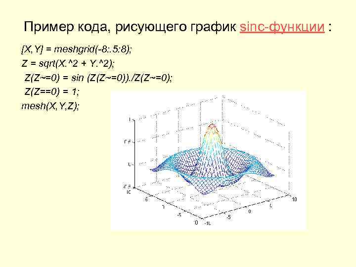Пример кода, рисующего график sinc-функции : [X, Y] = meshgrid(-8: . 5: 8); Z