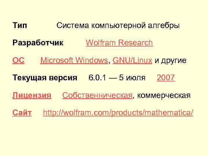 Тип Система компьютерной алгебры Разработчик ОС Microsoft Windows, GNU/Linux и другие Текущая версия Лицензия