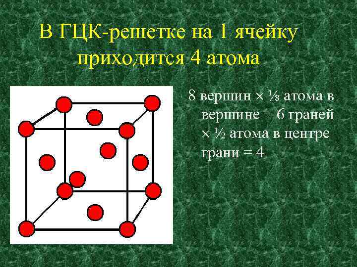 В ГЦК-решетке на 1 ячейку приходится 4 атома 8 вершин ⅛ атома в вершине