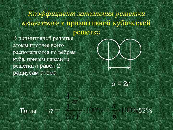 Коэффициент заполнения решетки веществом в примитивной кубической решетке В примитивной решетке атомы плотнее всего