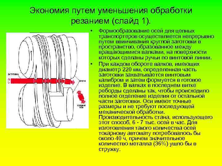 Экономия путем уменьшения обработки резанием (слайд 1). • • Формообразование осей для цепных транспортеров