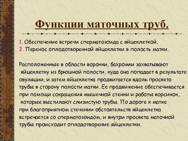 Функции маточных труб. 1. Обеспечение встречи сперматозоида с яйцеклеткой. 2. Перенос оплодотворенной яйцеклетки в