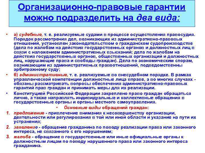 Организационно-правовые гарантии можно подразделить на два вида: • а) судебные, т. е. реализуемые судами