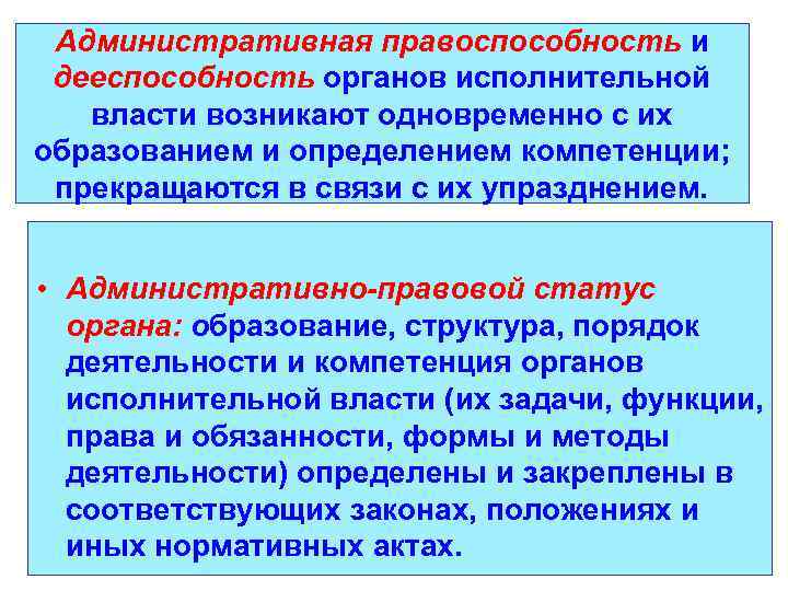 Административная правоспособность и дееспособность органов исполнительной власти возникают одновременно с их образованием и определением