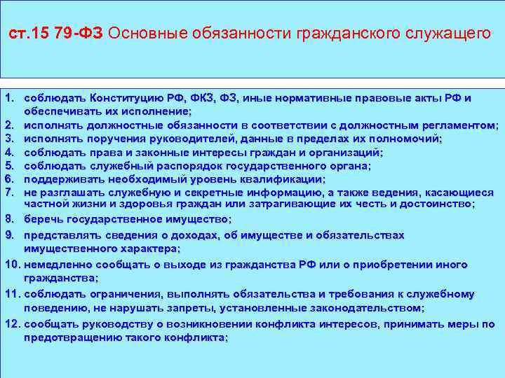 ст. 15 79 -ФЗ Основные обязанности гражданского служащего 1. соблюдать Конституцию РФ, ФКЗ, ФЗ,