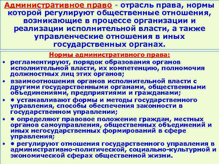 Административное право - отрасль права, нормы которой регулируют общественные отношения, возникающие в процессе организации