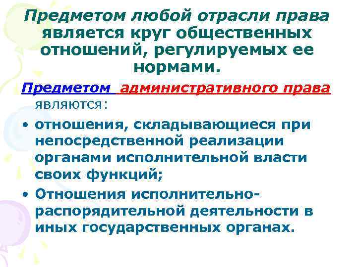 Предметом любой отрасли права является круг общественных отношений, регулируемых ее нормами. Предметом административного права