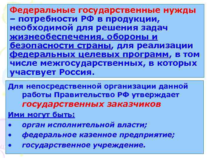 Федеральные государственные нужды – потребности РФ в продукции, необходимой для решения задач жизнеобеспечения, обороны