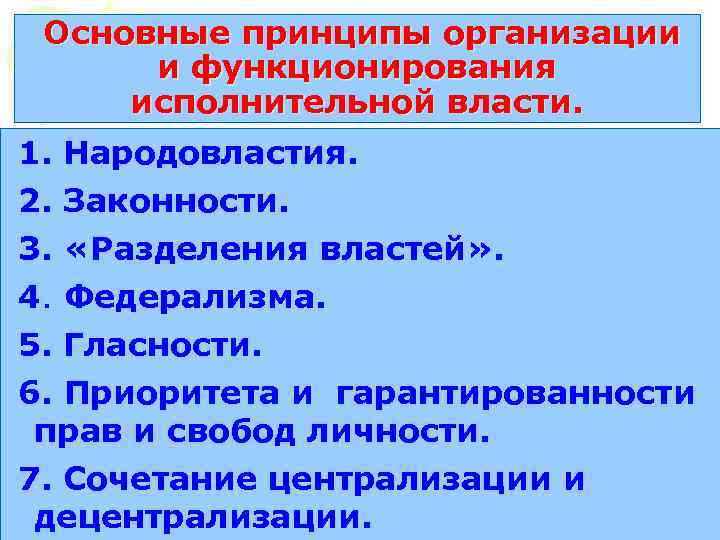 Основные принципы организации и функционирования исполнительной власти. 1. Народовластия. 2. Законности. 3. «Разделения властей»