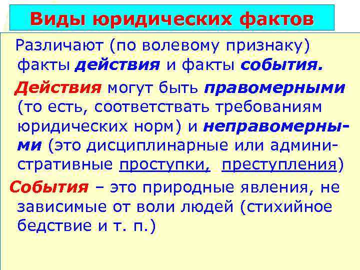 Виды юридических фактов Различают (по волевому признаку) факты действия и факты события. Действия могут